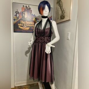 Rare - Pink and Black Taffeta Vintage 80s Dress with Matching Scarf/Shawl/Belt